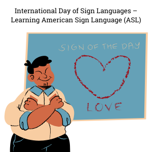 cartoon graphic displaying the ASL sign for love